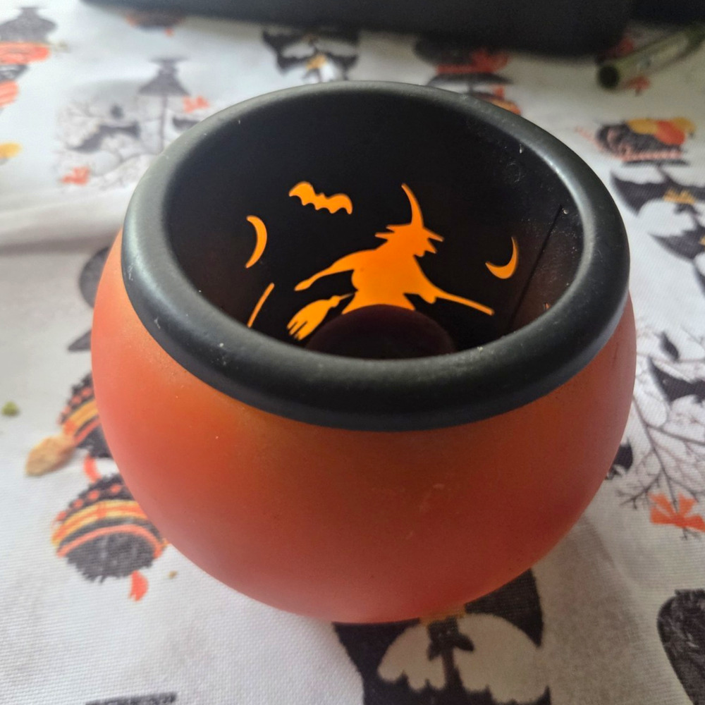 Halloween Orange & Black Glass Tea Light Holder Witch Bats Round Matte Small